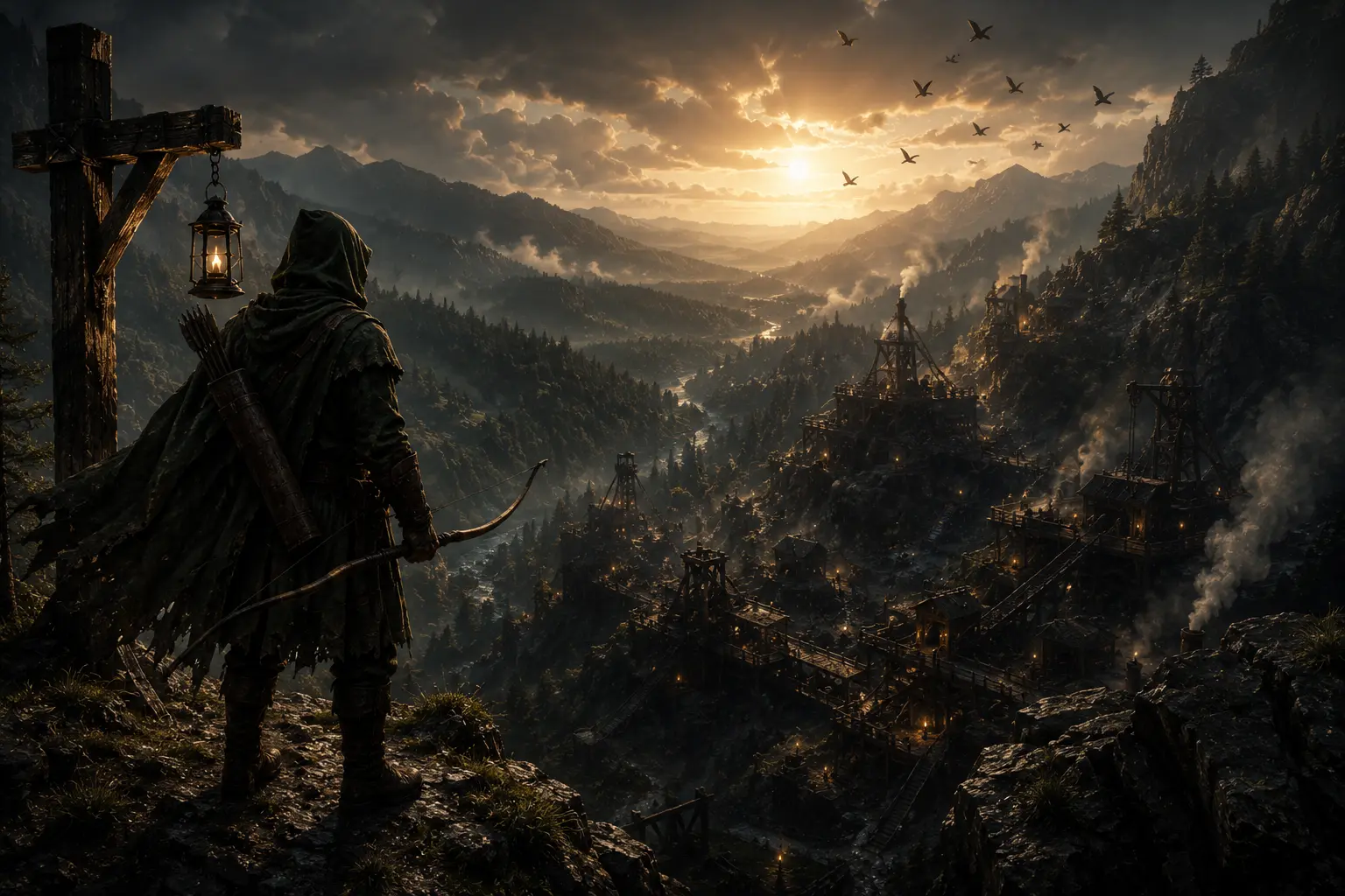 A hooded scout overlooking the mining camps scattered across the Sherwood valley at dusk