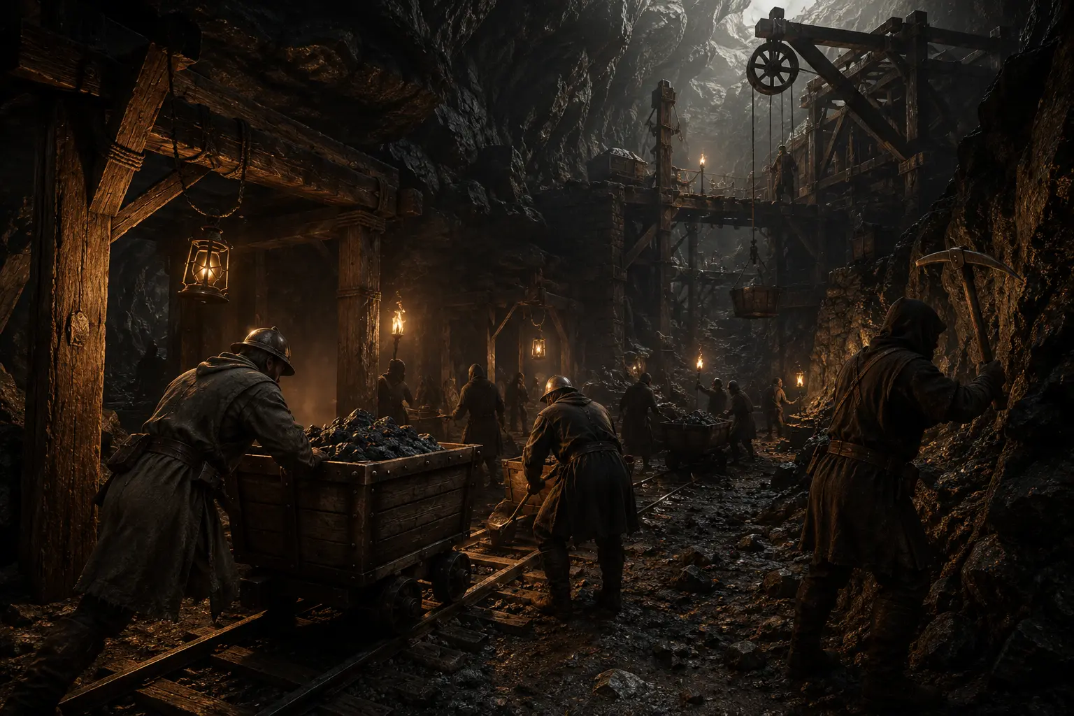 Delvers hauling ore carts past lantern light and timber shoring, deep in the Sherwood tunnels